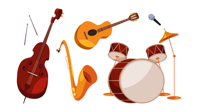 Musical instrument for jazz concert or orchestra. Double bass and drums, saxophone and guitar. Vector isolated objects for composing and playing music and songs. Entertainment and fun