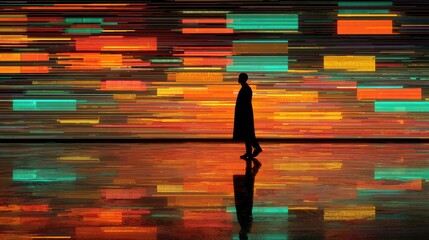 Fototapeta premium Silhouette walks on reflective floor amidst vibrant, abstract light streaks