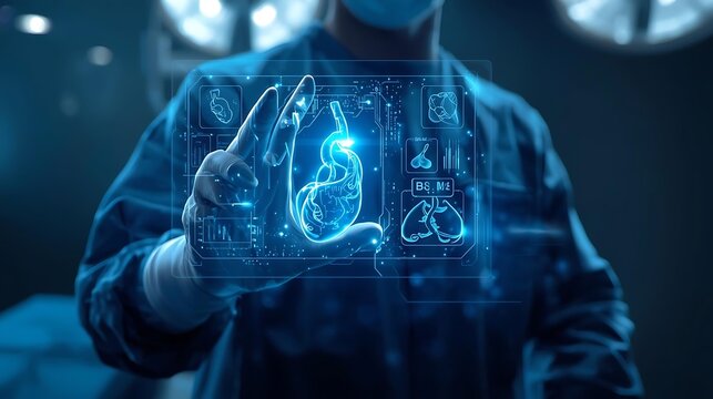 Futuristic medical technology concept with surgeon interacting with digital stomach anatomy hologram in operating room