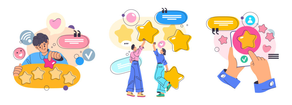 People interact with digital interfaces. Man and woman select star ratings and leave opinions about service. Vector click on rank elements, evaluate quality and express satisfaction in online system