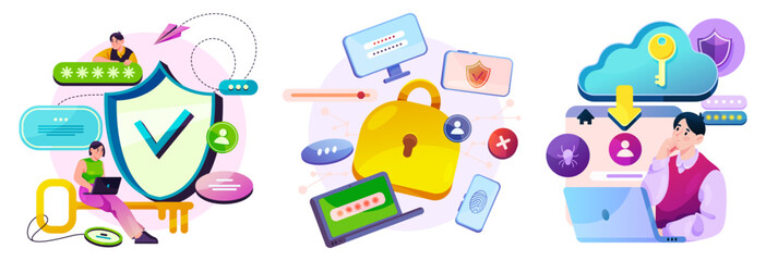 Fototapeta premium People working at computers with shield protection and digital security systems. Cybersecurity concept. Data safety and modern IT defense environment. Vector secure online work and technology