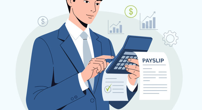 Business professional calculating on calculator with payslip and finance graphics