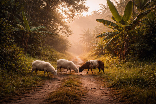 Majestic Indonesian Qurban Livestock in Misty Volcano Landscape at Sunrise