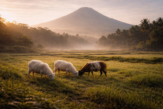 Majestic Indonesian Mountain Landscape with Qurban Livestock Grazing at Sunrise.