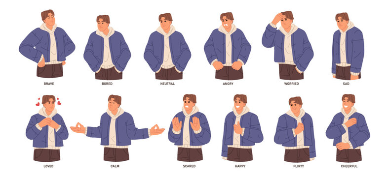 Gesturing man expressing emotions. Vector in flat style, isolated set of personages with emotional faces and gestures. Teenager bored, brave and neutral, worried and sad, flirty and loved, cheerful