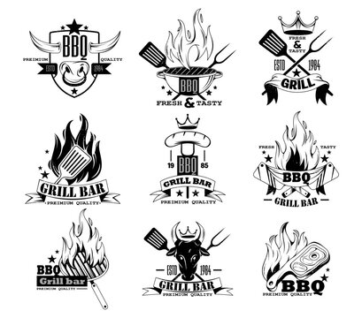 Bbq grill logos with fire and tools, meats and stars. Premium quality barbeque emblems and badges. Food branding for restaurant or cafe. Vector menu, packaging or label design. Gastronomy and business
