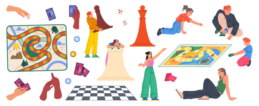 Board game elements. Chess pieces and cards, hands with tokens and players. Gameplay design modular structure. Vector interactive system components collection arranged for strategic gaming
