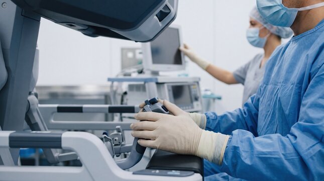 closeup of surgeon operating robotic arm in advanced surgery medical technology for healthcare professionals modern equipment doctor wearing mask and sterile gloves hospital