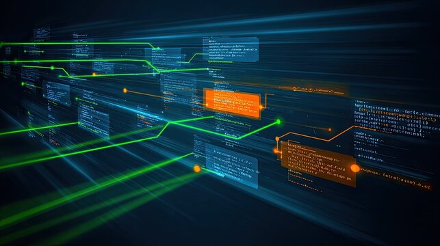 Digital data streams with glowing lines of code and light