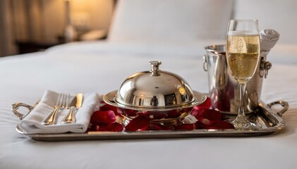 Naklejka premium Special occasion room service tray elegantly arranged with a clochecovered dish rose petals and sparkling wine main objects sharply in focus rest artistically blurred