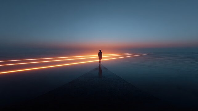 Lone Silhouette Walking Towards Bright Light Trails on Reflective Surface at Dusk.
