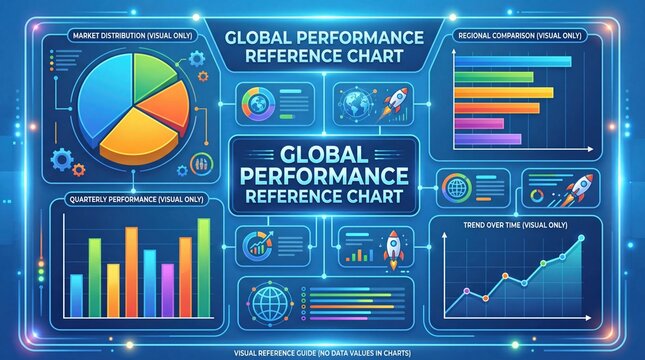 Business performance dashboard market distribution pie chart quarterly bar graph growth global reference data regional comparison trends infographic design science and analytics