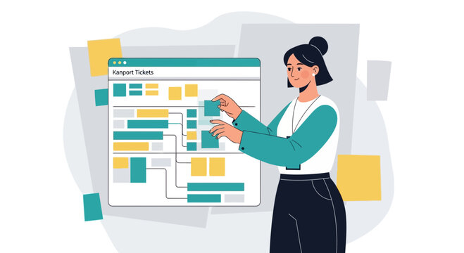 Businesswoman organizing digital workflow with sticky notes and flowchart