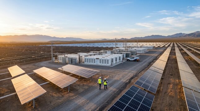 Solar power plant renewable energy photovoltaic panels in desert with engineers and battery storage containers at sunset