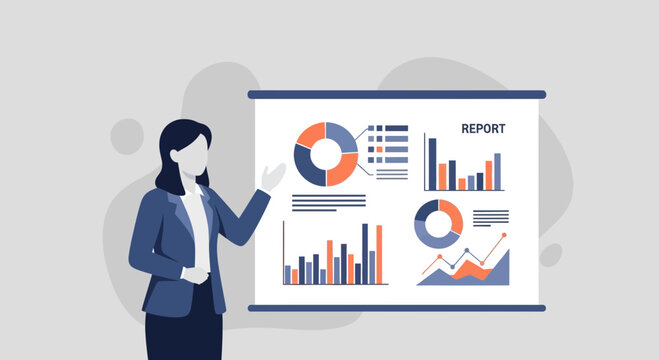 Businesswoman presenting financial data and charts on a projector screen