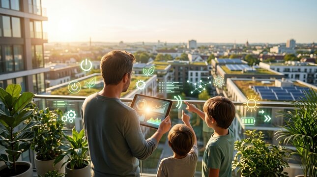 Father teaching his sons about green energy smart home technology on tablet with holographic interface balcony view of city rooftop solar panels and sustainable urban landscape
