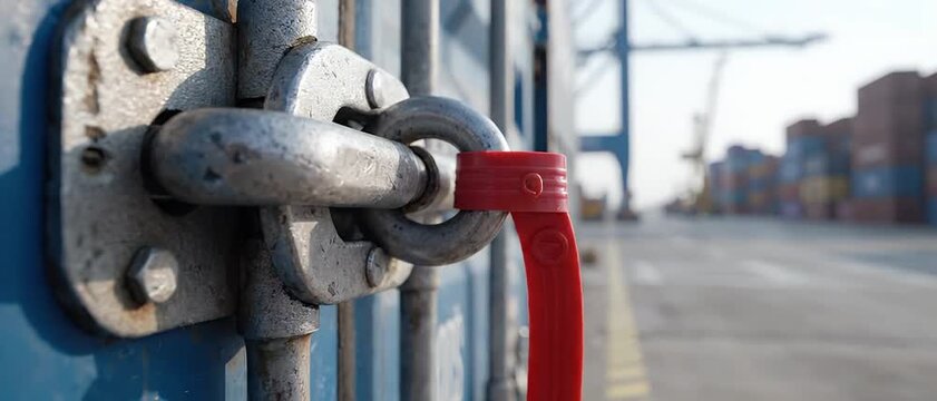 Red security seal on a shipping container lock at industrial port