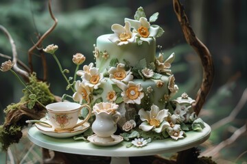 Fototapeta premium Tasty cake decorated with beautiful flowers standing on a table with a tea set and teapot in a forest setting