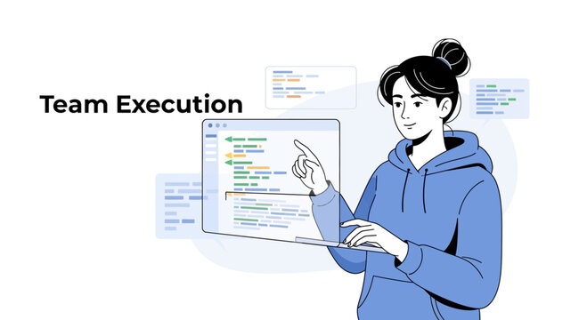 Developer pointing at code on screen, team execution concept