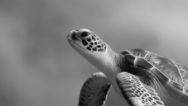 Black and white close-up of a sea turtle swimming against a cloudy sky