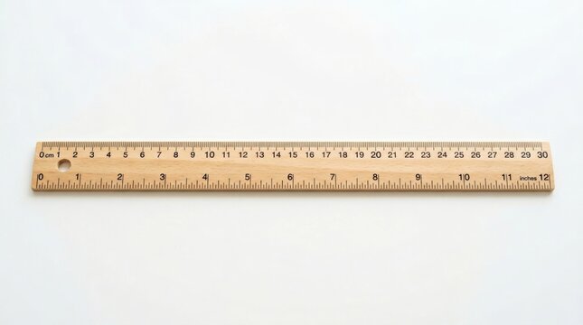 Wooden ruler with metric and imperial scales, 30cm timber measuring tool on white background, classic school and office stationery