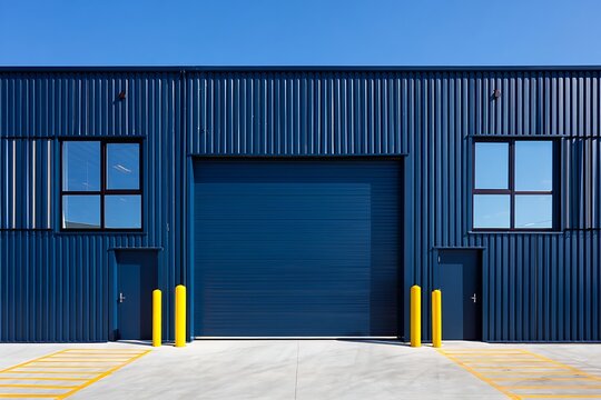 Modern industrial warehouse exterior with blue corrugated metal facade, roller doors, parking markings, logistics infrastructure, and contemporary commercial architecture under daylight conditions.
