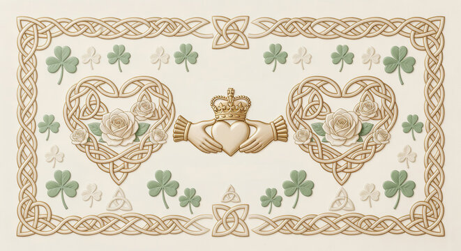 Irish claddagh and shamrock border design with Celtic knotwork and roses.