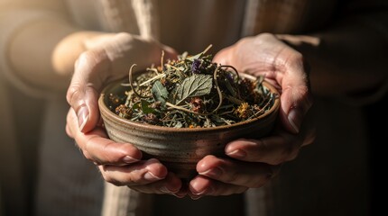 Hands holding a rustic bowl filled with dried herbs, showcasing natural textures and earthy tones in soft lighting. © JT Studio