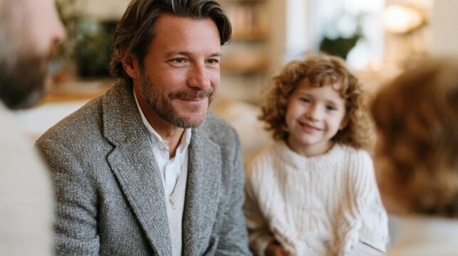Man and a young girl sitting on a couch in a living room. the man is on the left side of the image, wearing a grey blazer and a white shirt. he has a beard and is smiling at the camera.