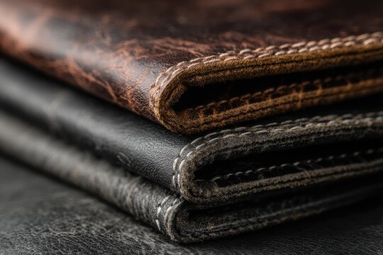 Close up of stacked worn leather wallets with contrasting stitching