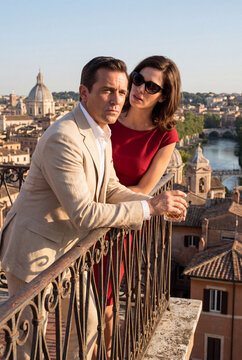 Elegant couple in suit and red dress standing on a balcony, looking over a historic European cityscape with a river and dome at golden hour.