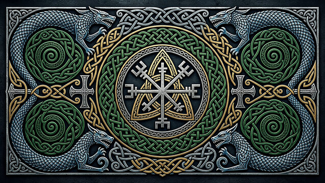 Norse mythology artwork featuring vegvisir symbol with carved celtic knots and dragon serpents on dark stone background.
