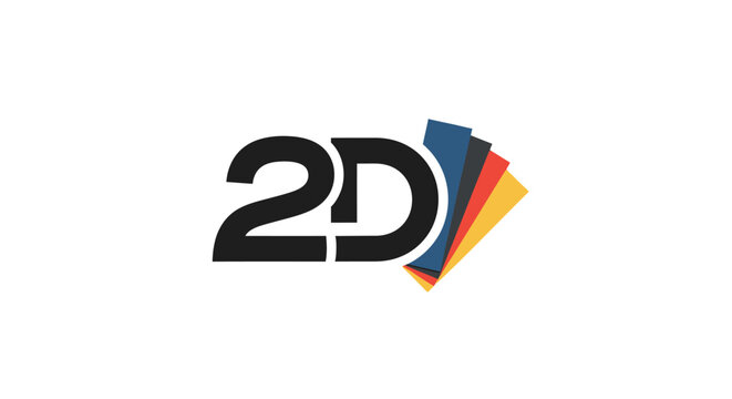 Dynamic "2D" text with vibrant, overlapping paper-like shapes suggesting layers and dimensions on an isolated white background.