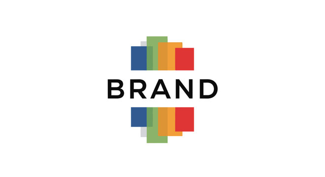 Bold "BRAND" text with a dynamic arrangement of colorful rectangular blocks symbolizing diversity and strength on an isolated white background.