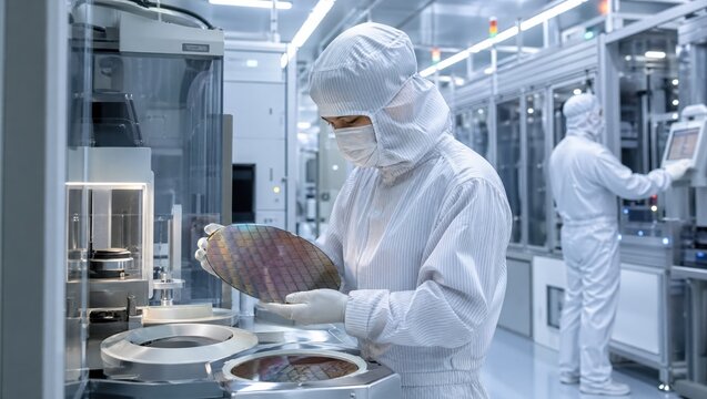 ISO3 cleanroom medium shot capturing highly controlled aseptic conditions where technicians manage semiconductor wafers amid cuttingedge fabrication tools.
