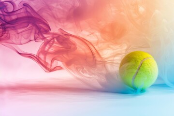 Obraz premium Yellow tennis ball surrounded by colorful smoke creating a vibrant and dynamic atmosphere