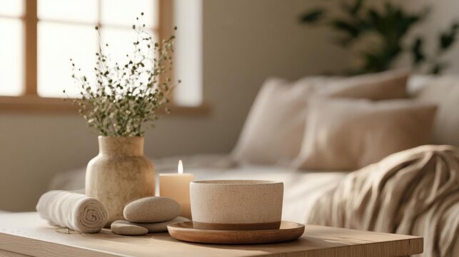 Cozy bedroom scene with a wooden nightstand in the foreground. on the nightstand, there is a white vase with small white flowers in it, a stack of folded white towels, and a few small pebbles.