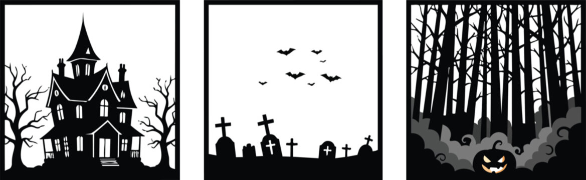 halloween spooky silhouette frame vector set with haunted house graveyard cemetery and scary dark forest landscapes
