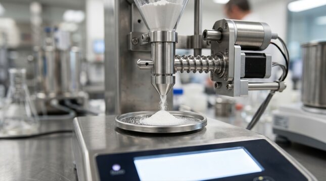 Closeup of a precision screw feeder adjusting microdosed powder flow on a digital balance for pharmaceutical formulation accuracy.
