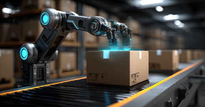 Robotic arm with glowing fingertips manipulates a cardboard box on a conveyor belt
