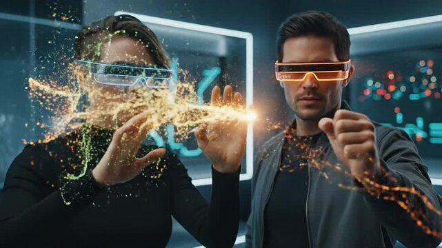 Futuristic Tech Interaction - Two People Experiencing Augmented Reality.