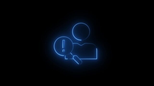 Neon Man Icon with Magnifying Glass and Exclamation Mark: Concept for User Security Audit, Identity Verification, Risk Assessment, and Cyber Investigation