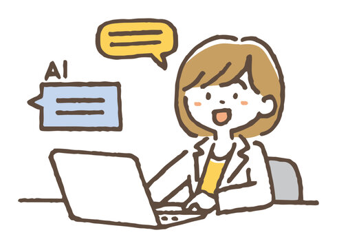 ノートPCでAIチャットを使う女性のイラスト。/ An illustration of a woman using an AI chatbot on her laptop.