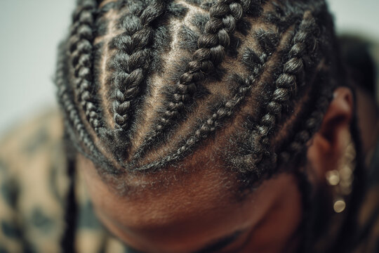 Braids styled with cornrows and dreadlocks show unique hair art in a close-up view capturing a cultural expression and personal style during a hair styling session