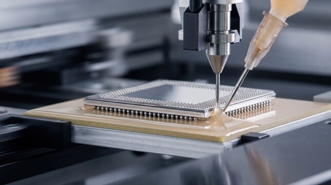 Close medium shot focusing on capillary underfill being dispensed beneath a flipchip highlighting fluid flow and chip encapsulation in hightech manufacturing.