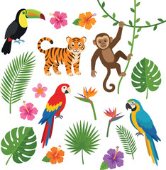 Obraz premium tropical jungle animal vector set with tiger monkey toucan parrot exotic flowers palm leaves and monstera greenery