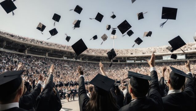 Graduation Ceremony - Students Tossing Caps in Celebration at Stadium.