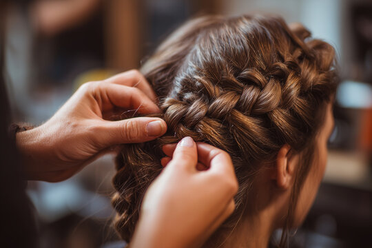 Stylist creates braids in a hair salon during the afternoon hours while working on a client's braided hairstyle with attention to detail