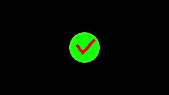 Animated reveal of a red checkmark icon in a green circle. Isolated on a black background.