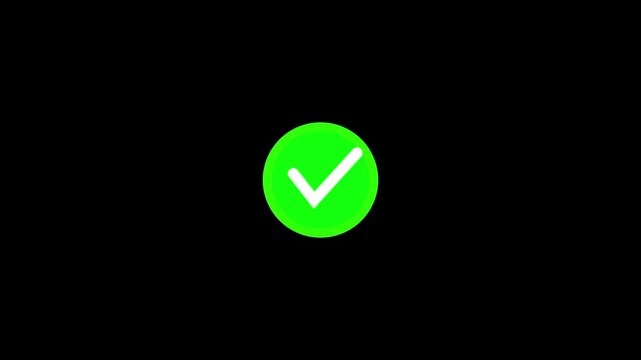 Animated reveal of a white checkmark icon in a green circle. Isolated on a black background.